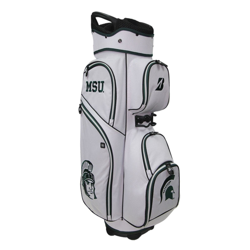 A Bridgestone NCAA cart bag with a 7-way divider top, multiple zippered pockets, and MSU school branding in gray, white, and green colors.