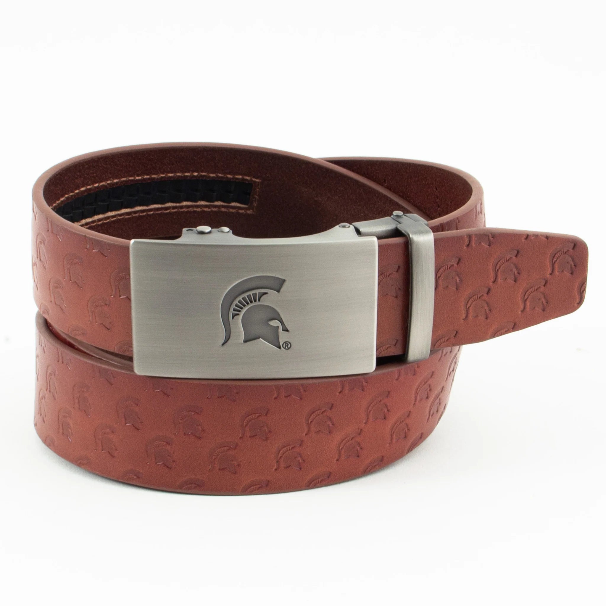 Brown leather belt with a Spartan Helmet pattern embedded all over the belt and a Spartan Helmet logo on the silver buckle. 