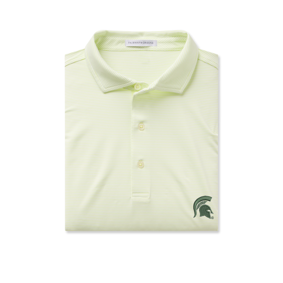 Bright green and white thin striped polo with a three button placket. On left chest is a green embroidered spartan helmet. 