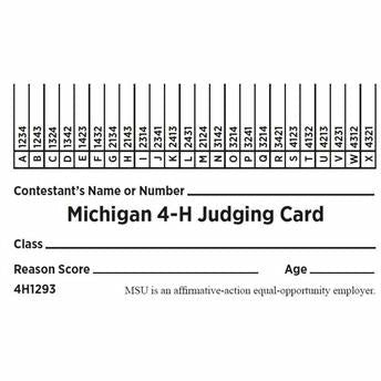 A copy of a Michigan 4H judging card in blue. The card includes fillable lines for contestant name, class, reason score, and age, along with 24 contestant categories.