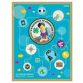 Cover of book titled "4-H Backpack to Adventure: Youth Leaders in a Global World". The center of the cover has an animated logo of a boy with a backpack next to the 4H clover logo, next to various travel icons that are all connected by dotted lines.