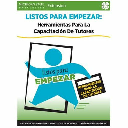 Un manual USB titulado Listos Para Empezar: Herramientas Para La Capacitación De Tutores. La portada incluye una figura de palo azul que atraviesa una puerta abierta con un maletín negro.