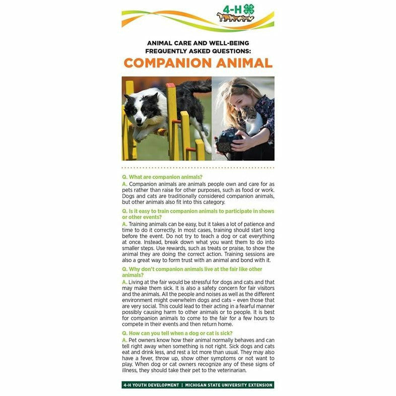 Bookmark titled "Animal care and well being frequently asked questions: companion animal." Pictures of a dog running through an obstacle course and a girl holding a cat are at the top of the bookmark. The lower half of the bookmark contains text with headings listed in a question and answer format.