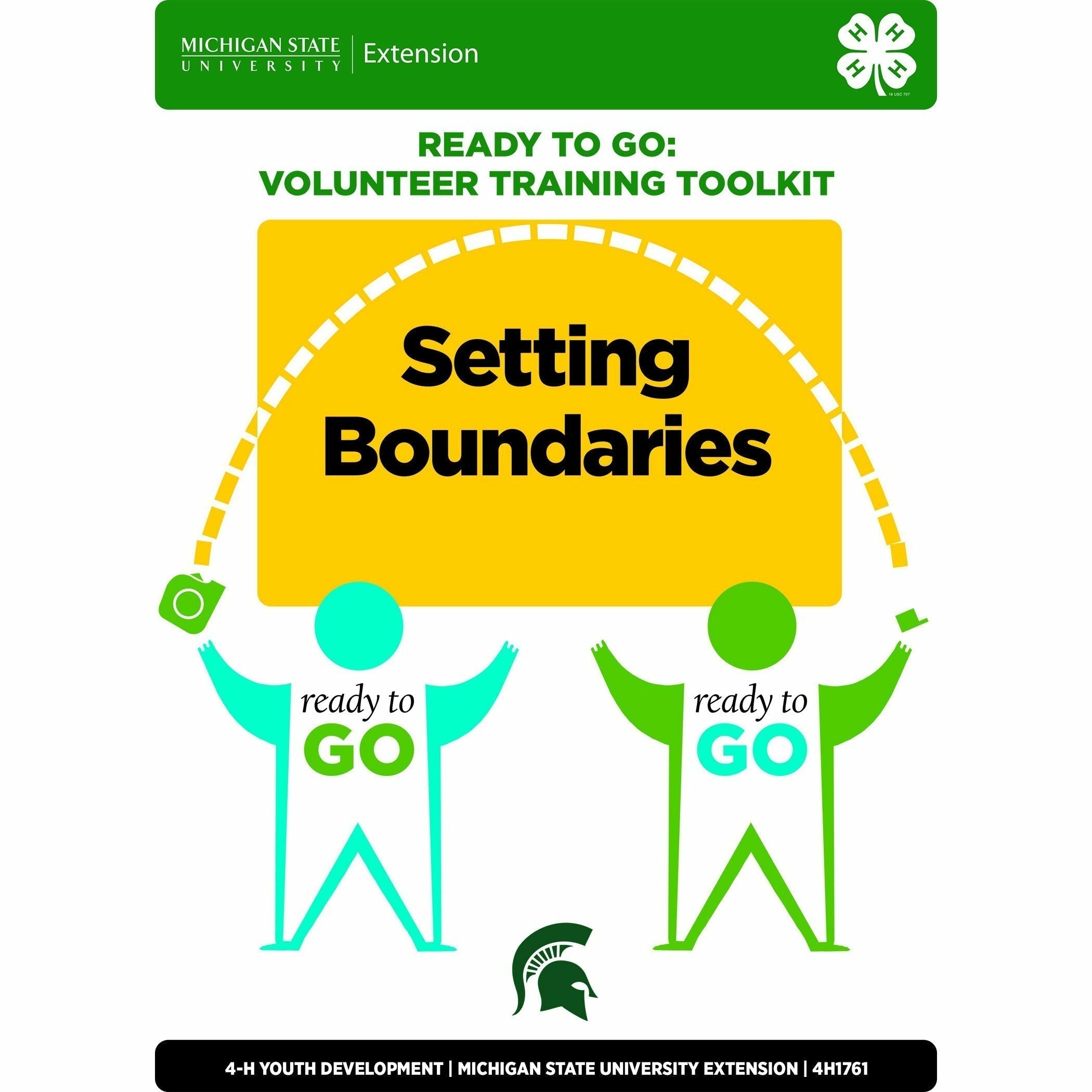 Cover of the manual "Ready to Go Unit 2: Setting Boundaries."  The top of the cover has a green header with the MSU Extension signature and the 4H clover logo. Under the title is a teal stick figure holding a tape measure that is connected via a dotted line to a green stick figure holding the end of the extended tape from the measure.