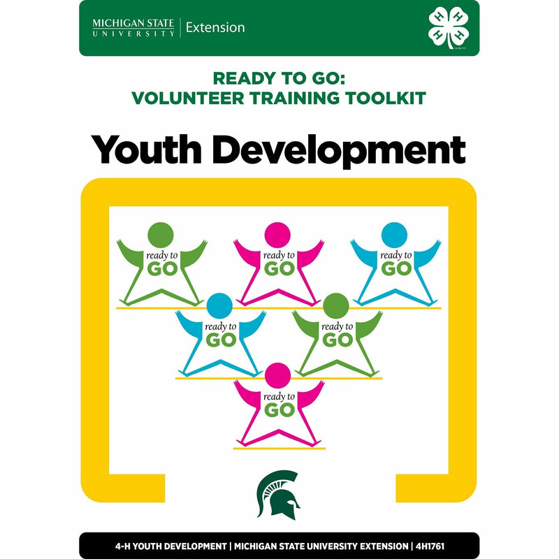 Cover of the manual "Ready to Go Unit 4: Youth Development." The cover shows six stick figures formed to make an upside-down pyramid, surrounded by a yellow box.