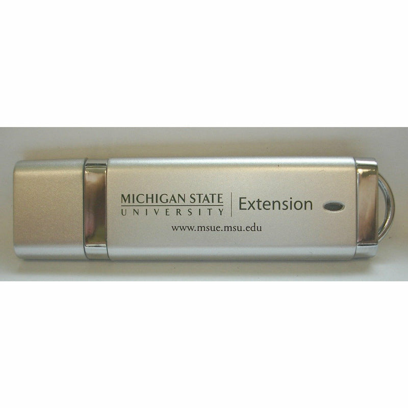 A silver, 8 gigabyte flash drive with the MSU extension signature and website address on the side, both in the spartan green colorway.