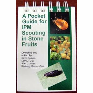 Cover of a book titled "A Pocket Guide for IPM Scouting in Stone Fruits." The cover has a white and green background. On the right side there are three images that include a picture of an orange beetle, yellow fruit hanging from a branch, and a black bug sitting on a leaf.