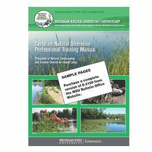Cover of a manual titled "Certified Natural Shoreline Professional Training Manual." The cover has a green background with a white logo in the top left-hand corner. Amongst the cover include five images of weeds growing next to ponds, plants next to shorelines, and expansive views of waterways.  