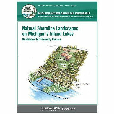 Cover of book titled "Natural Shoreline Landscapes on Michigan's Inland Lakes." The cover has a green and white background. The center of the cover contains an overhead drawing of a shoreline with circled sections of an aquatic zone, upland buffer zone, and an upland zone. 