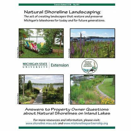 Cover of a pamphlet titled "Natural Shoreline Landscaping: The act of creating landscapes that restore and preserve Michigan's lakeshores for today and future generations." The cover includes a group of four photos containing a group of lawn chairs, plants growing next to a lake, a sidewalk leading to a lake and a walking path expanding next to a lake. 
