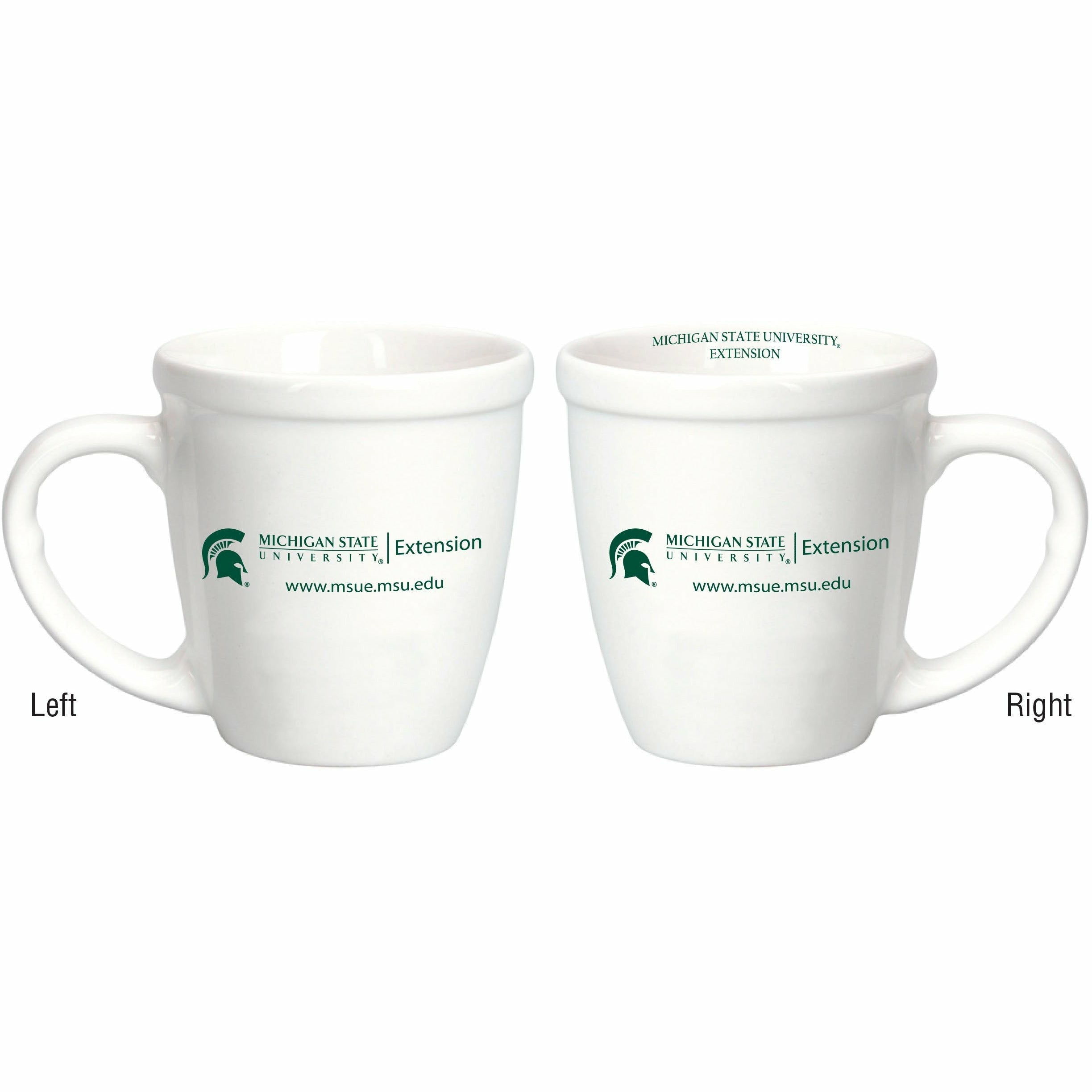A white coffee mug with the MSU Extension logo on both the left and right side of the mug, along with the MSU Extension web address underneath. The text is written in Spartan green. 