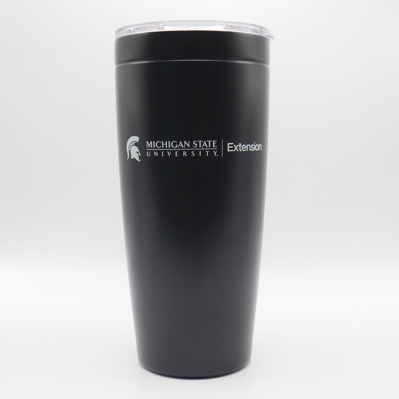 A black stainless steel tumbler. On the side of the tumbler, in white from left to right, is a Michigan State Spartan helmet logo, the MSU wordmark logo, and "Extension" written next to the wordmark logo. 