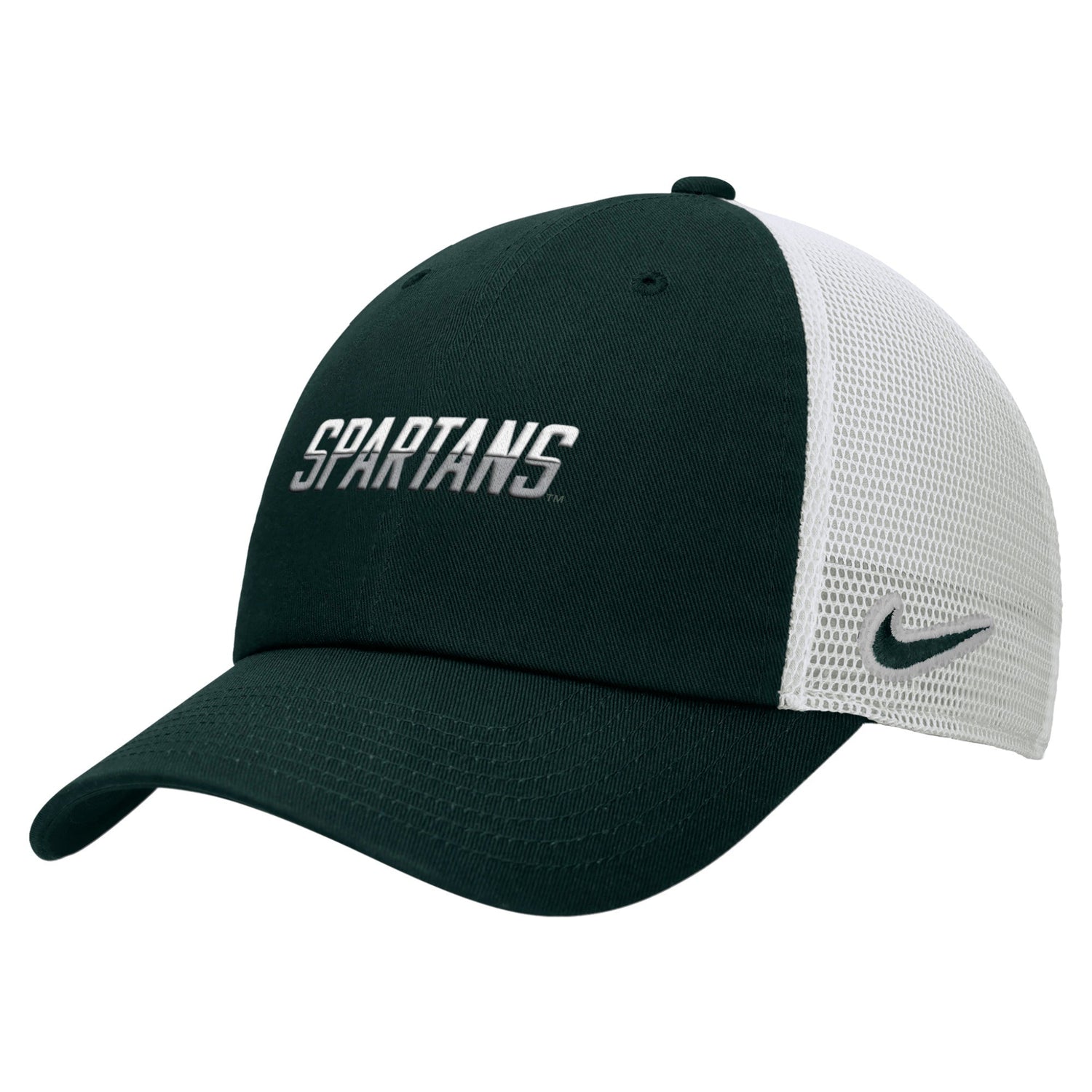 Dark green and white Michigan State Spartans Nike trucker hat with "SPARTANS" embroidered in white across the front, a curved bill, white mesh back panels, and an embroidered Nike Swoosh on the side.