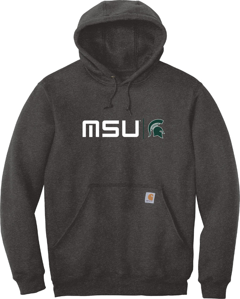 A charcoal gray sweatshirt with a white MSU wordmark and a green Spartan helmet logo on the chest.