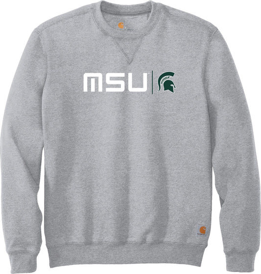 A gray crewneck sweatshirt with a white MSU wordmark and a green Spartan Helmet logo on the chest.