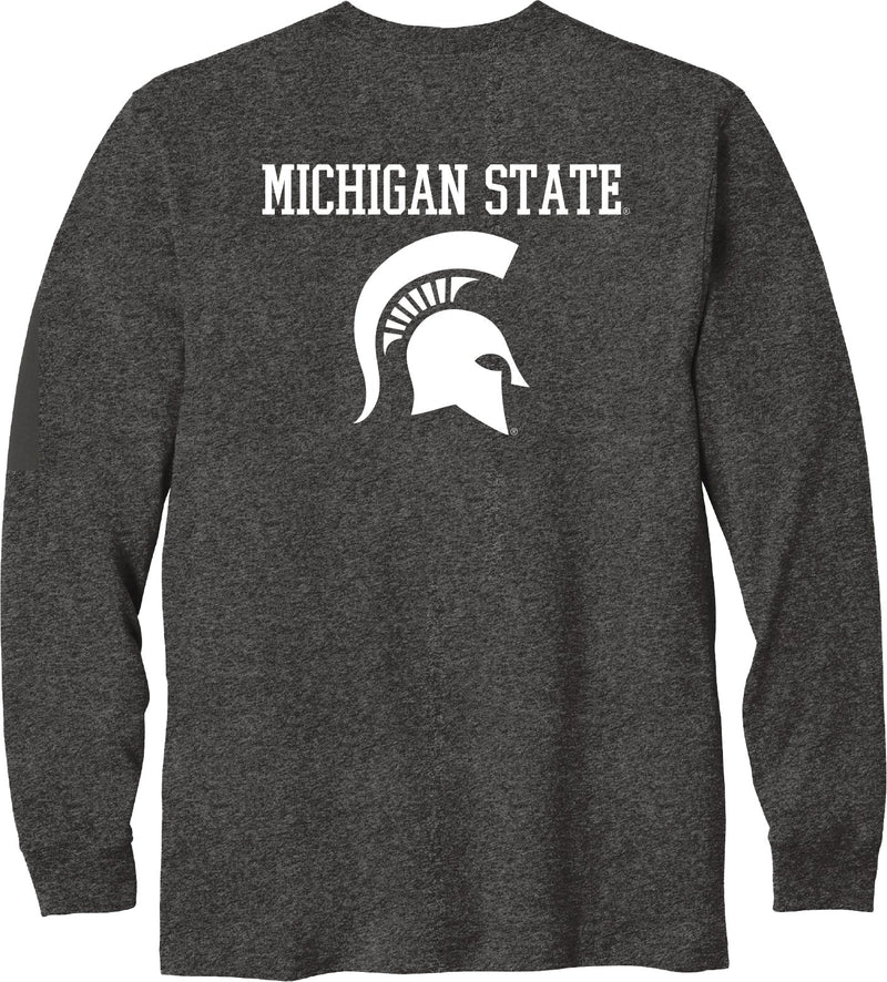 The back of a charcoal long sleeve with text that reads "Michigan State" and a Spartan helmet logo in the center back.