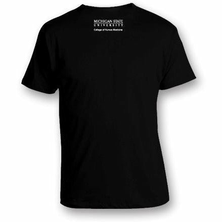 Back of a black short sleeve t-shirt with the MSU wordmark printed in white just under the neckline. Underneath, text reads College of Human Medicine