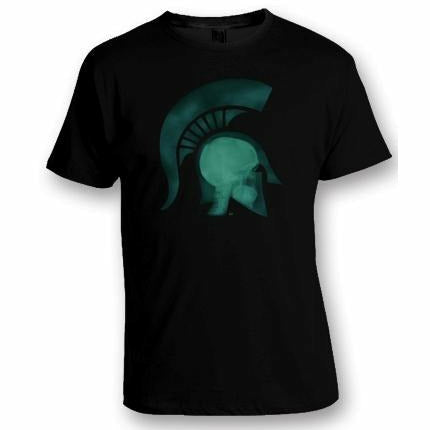 Black short sleeve T-shirt with a graphic of a head wearing a Spartan Helmet being x-rayed.