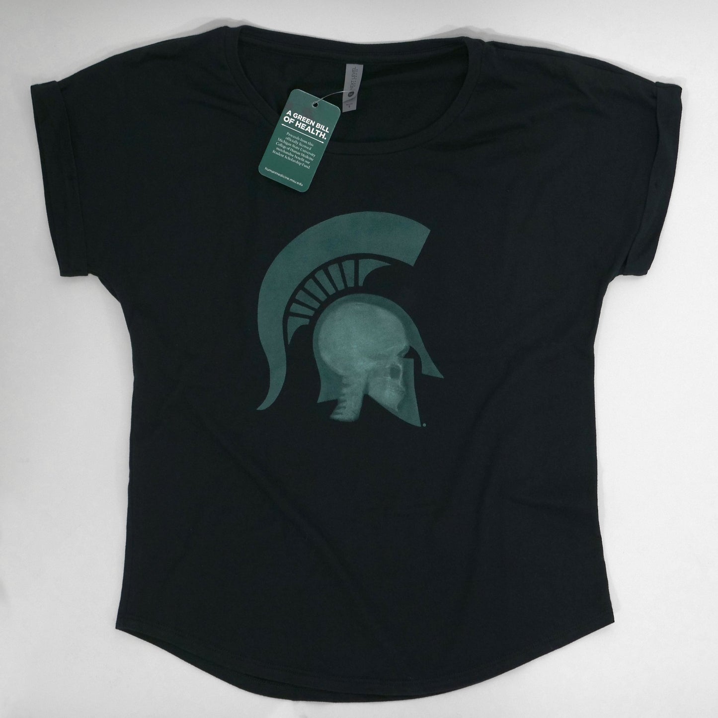 Flat view of the black short sleeve scoop neck T-shirt with a graphic of a head wearing a Spartan Helmet being x-rayed.