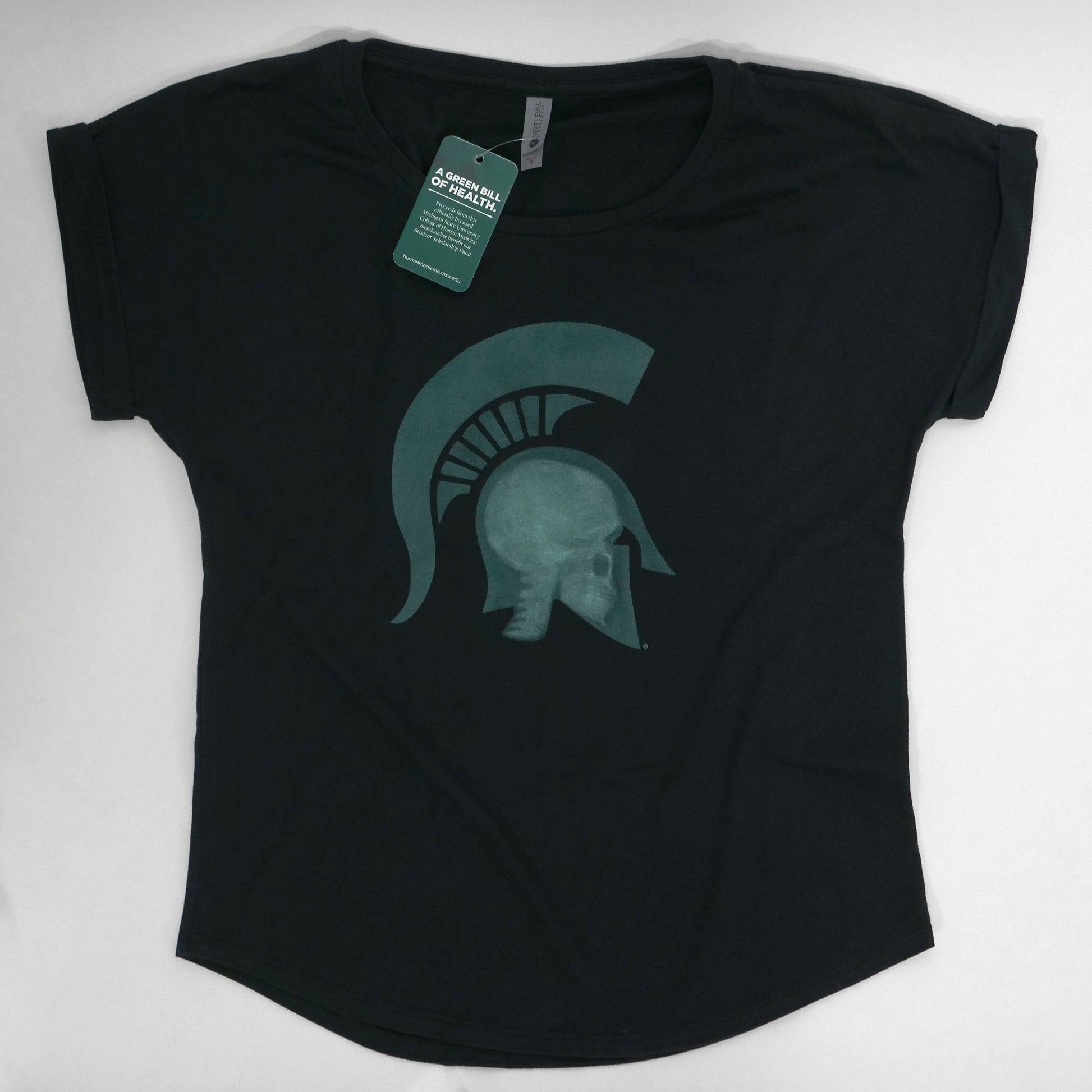 Flat view of the black short sleeve scoop neck T-shirt with a graphic of a head wearing a Spartan Helmet being x-rayed.
