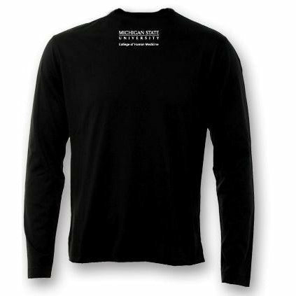 Back of a black long sleeve T-shirt with the MSU wordmark printed in white just under the neckline. Underneath, text reads "College of Human Medicine."
