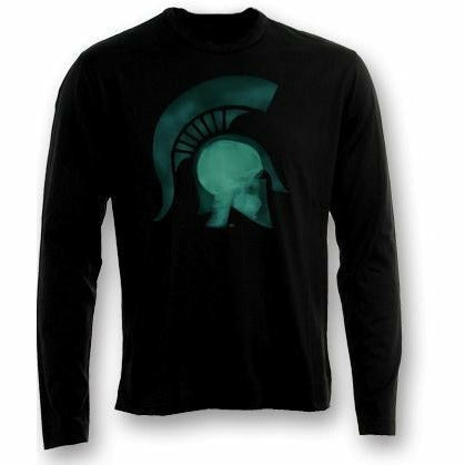 Black long-sleeve T-shirt with a graphic of a head wearing a Spartan Helmet being x-rayed.