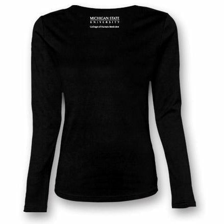 Back of a black long sleeve t-shirt with the MSU wordmark printed in white just under the neckline. Underneath, text reads College of Human Medicine