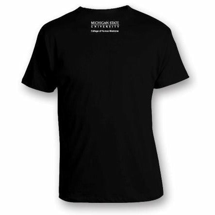 Back of a black short sleeve T-shirt with the MSU wordmark printed in white just under the neckline. Underneath, text reads "College of Human Medicine."