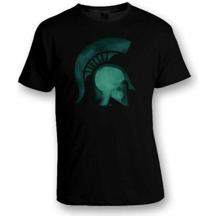 Black short sleeve T-shirt with a graphic of a head wearing a Spartan Helmet being x-rayed.