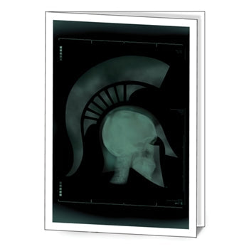 Folded notecard with an x-ray graphic of a head wearing a Spartan Helmet.