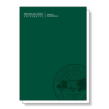 Forest green notecard with a dark watermark of the MSU seal on the bottom right corner. Top left corner has the College of Human Medicine wordmark.