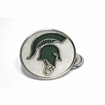 Silver circular lapel pin with an embossed dark green Sparty wearing a stethoscope (the Sparty MD logo).