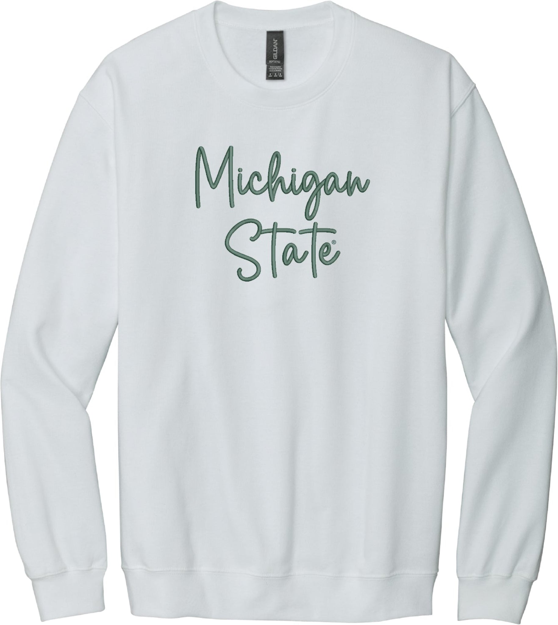 White sweatshirt featuring 'Michigan State' written in green cursive font across the front.
