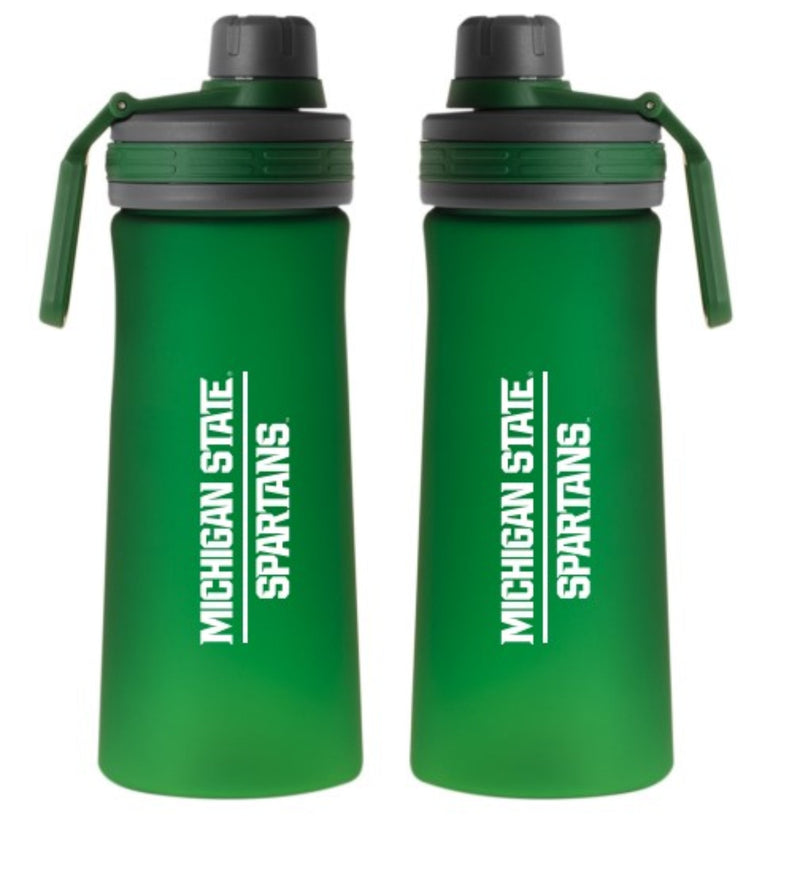 Two green plastic water bottles with Michigan State Spartans logo and text in white.