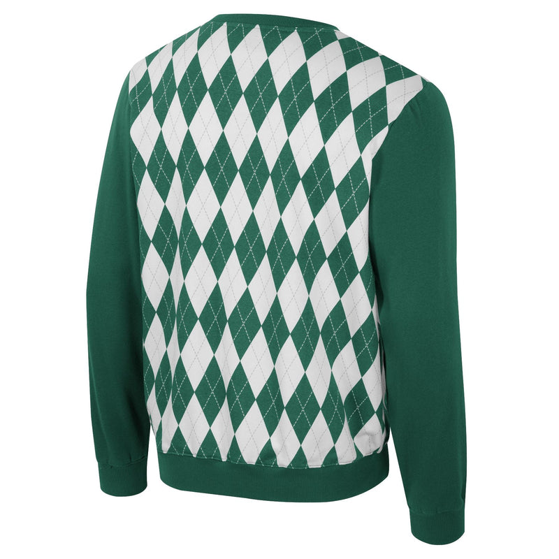 The back of a green and white argyle sweater.