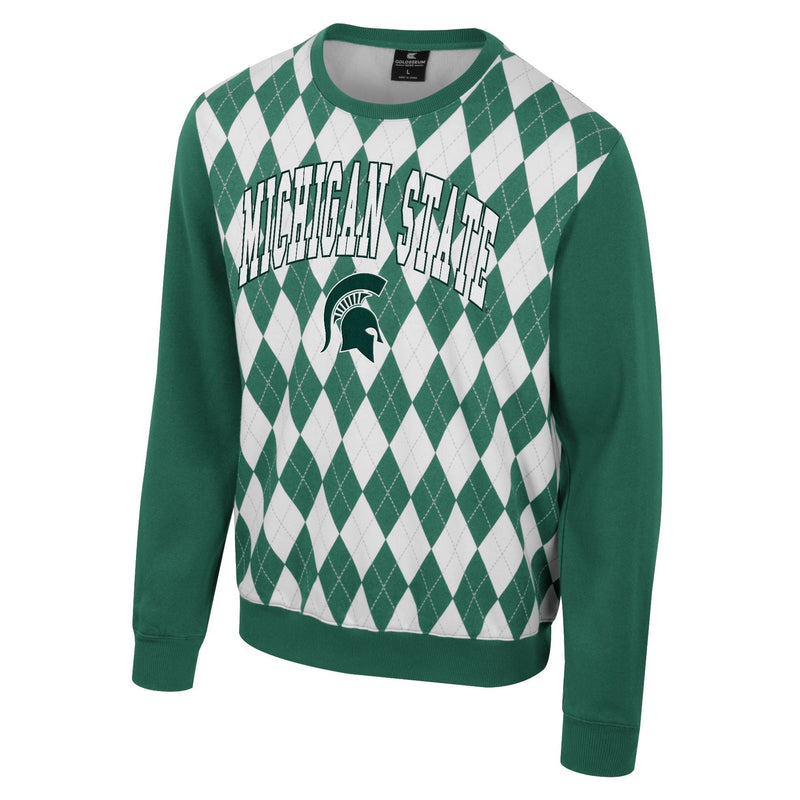 A green and white argyle sweater that reads "Michigan State" in white on the chest above a Spartan helmet logo.