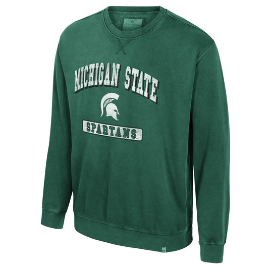 A green sweatshirt that reads "Michigan State Spartans" in white. There is a white Spartan Helmet in the center.