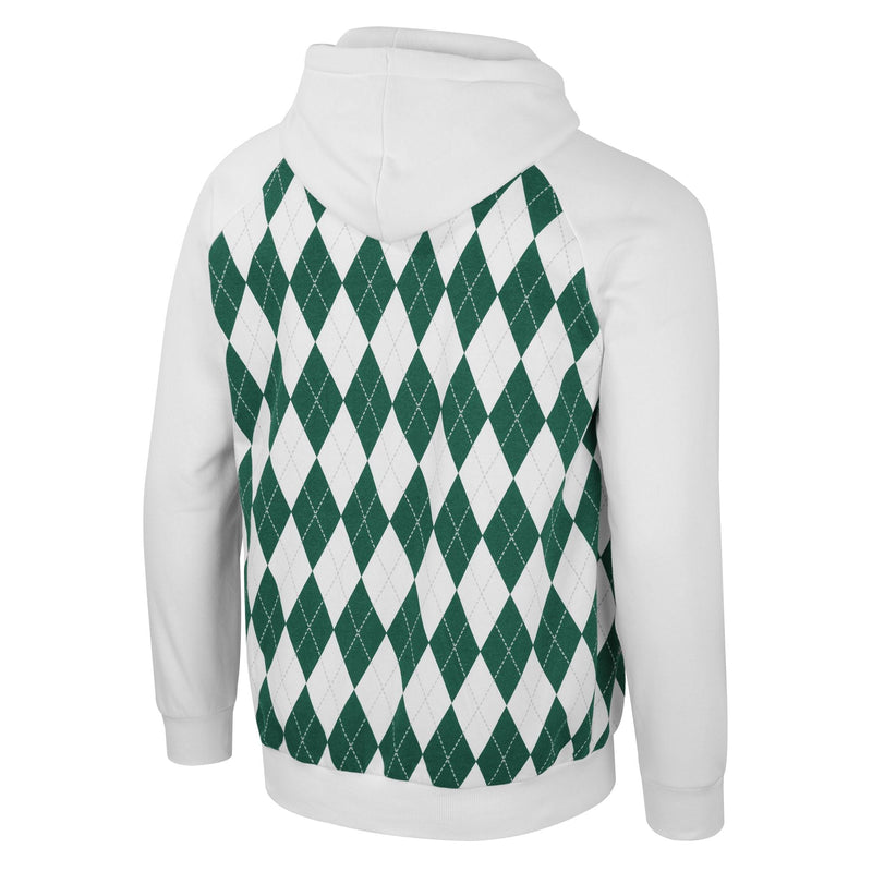 The back of a white and green argyle hoodie.