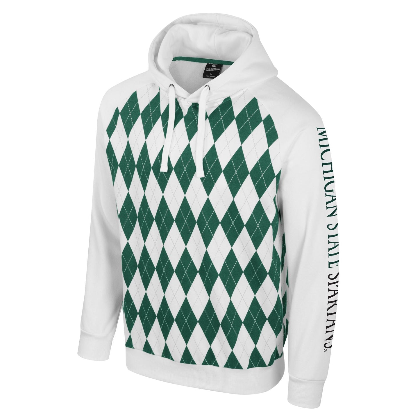 A white and green argyle hoodie that reads "Michigan State Spartans" along the left sleeve.