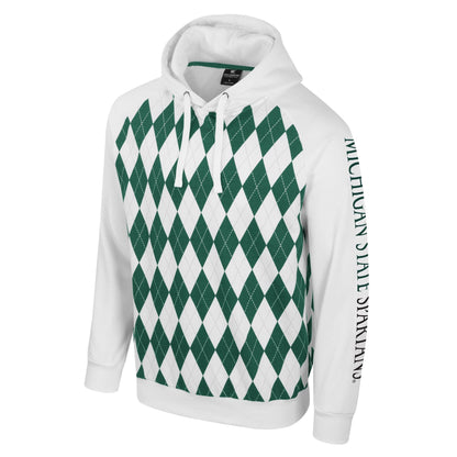 A white and green argyle hoodie that reads "Michigan State Spartans" along the left sleeve.