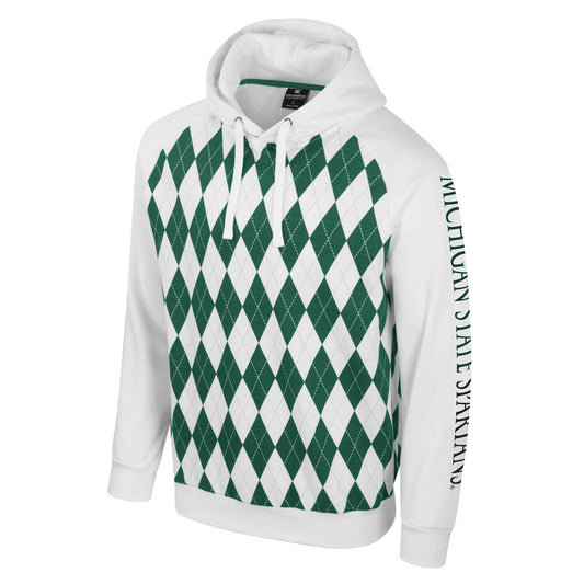 A white and green argyle hoodie that reads "Michigan State Spartans" along the left sleeve.