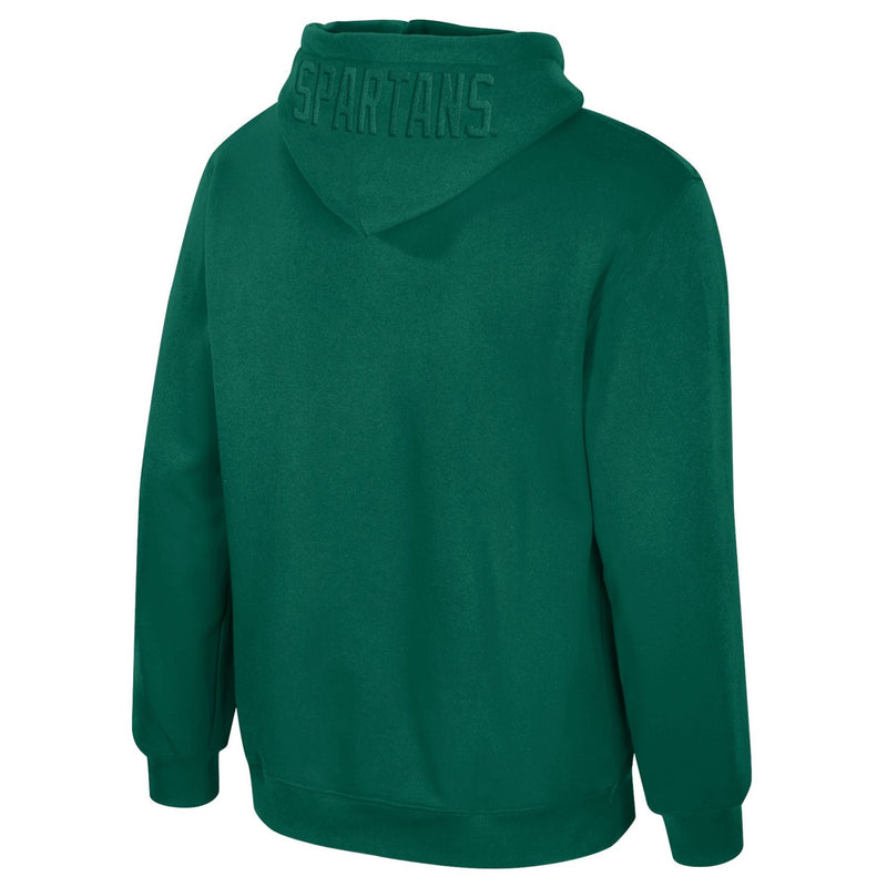 Back view of a green hoodie with the word 'SPARTANS' embroidered on the hood.