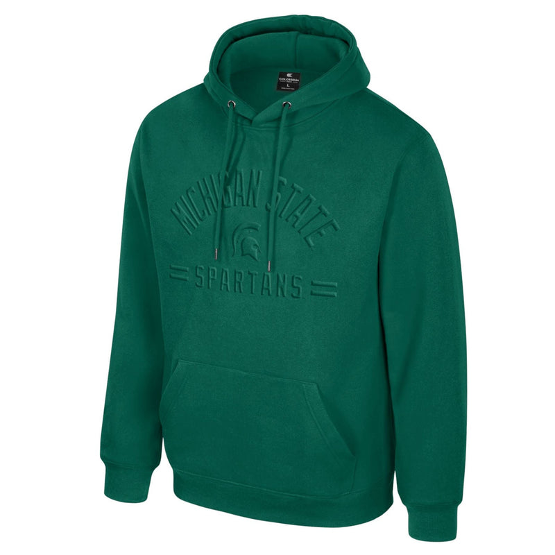 Green hoodie with embossed 'MICHIGAN STATE SPARTANS' text and Spartan helmet logo on the front, featuring a front pocket and drawstring hood.