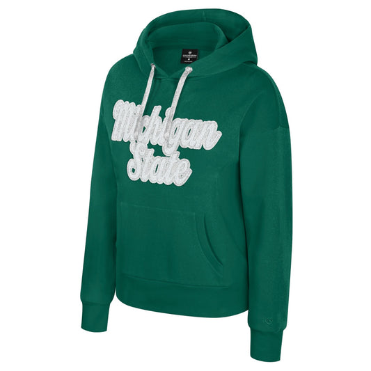 Green hoodie with white cursive 'Michigan State' text across the chest, featuring a front pocket and white drawstrings