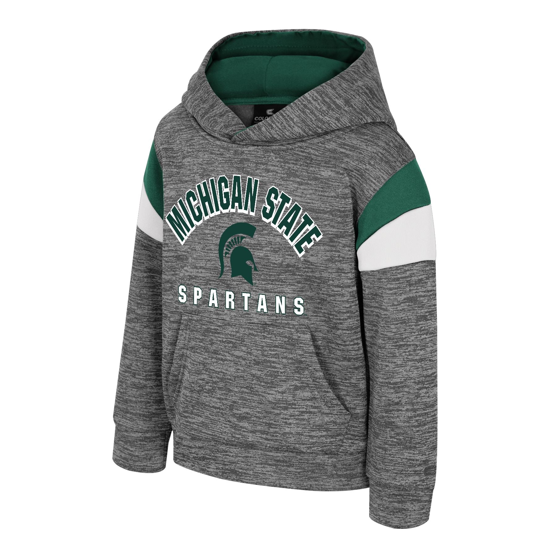 Gray hooded sweatshirt with green and white accents, featuring the text 'MICHIGAN STATE SPARTANS' and the Michigan State Spartans logo centered between the words.