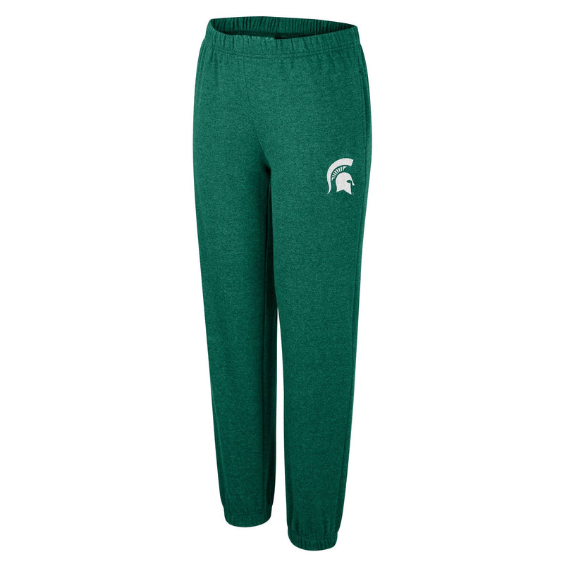 Green sweatpants with a white Spartan helmet logo on the left pant leg.