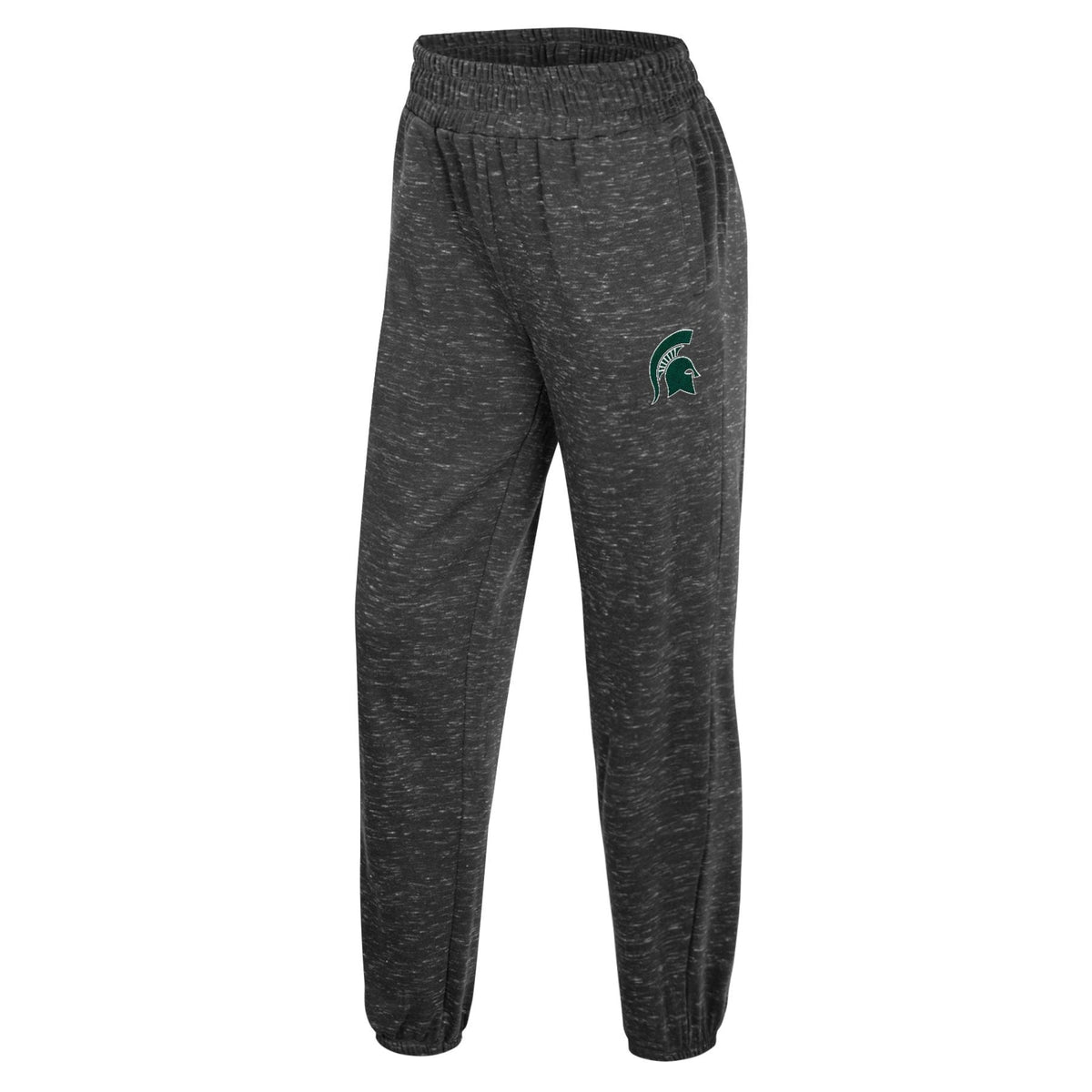 Dark gray speckled sweatpants with an elastic waistband and ankle cuffs, featuring a green Spartan helmet logo on the upper left thigh.