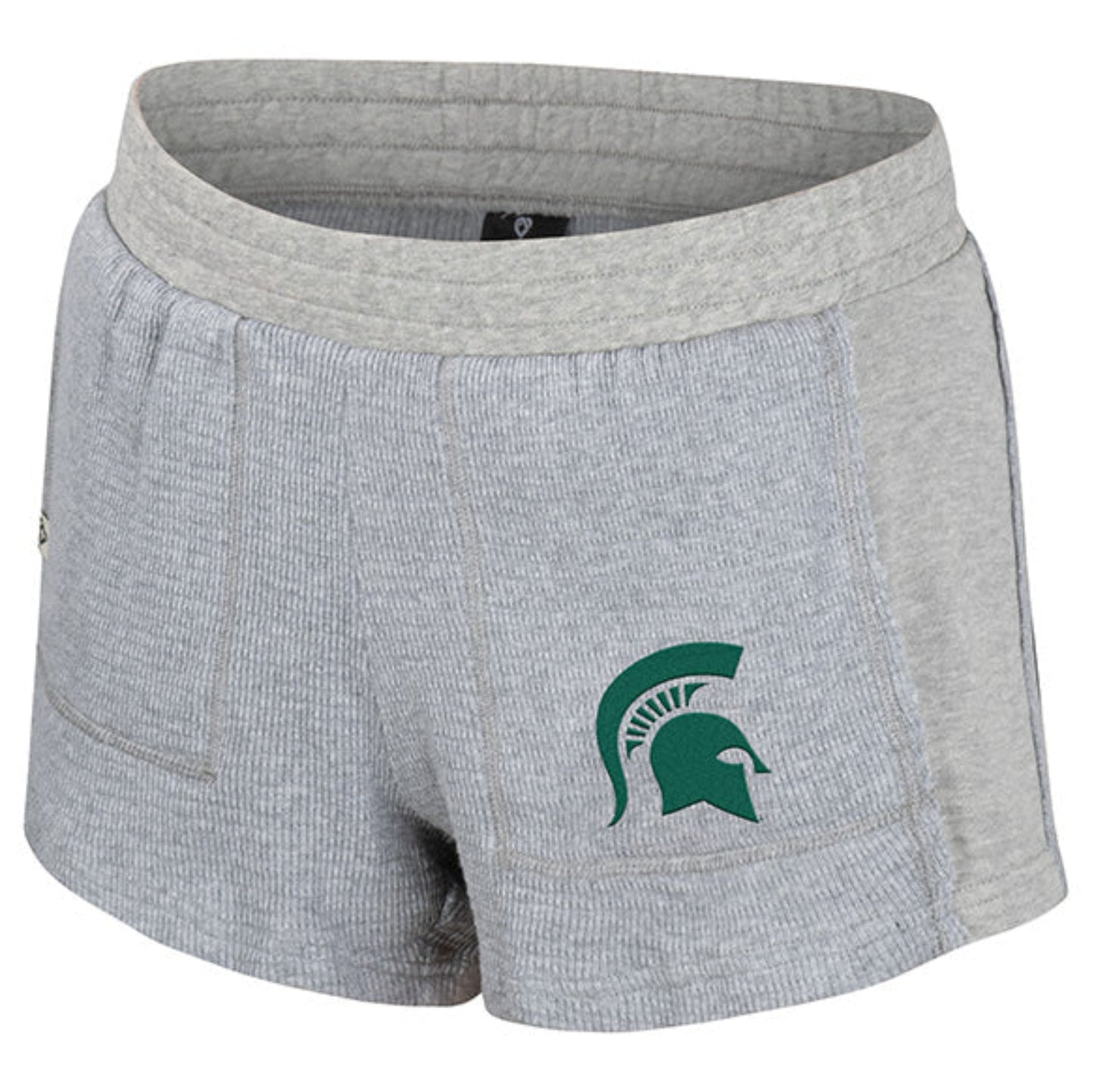 Women's gray heather waffle shorts with Michigan State Spartans logo on the left leg and side pockets.
