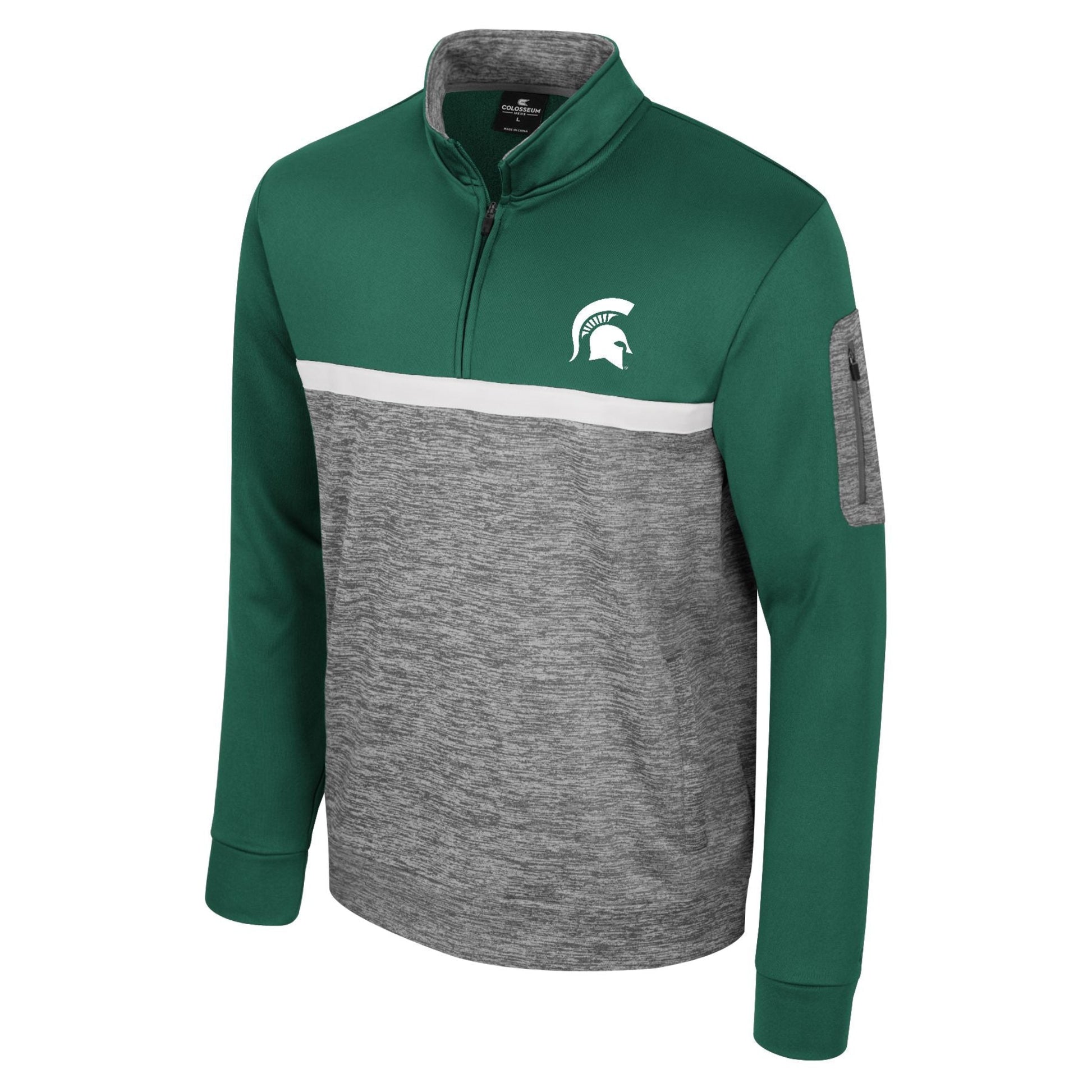 Long-sleeve, quarter-zip pullover with a green top section featuring a white Spartan helmet logo on the left chest, a white horizontal stripe below, and a heather gray lower section with a zippered pocket on the left sleeve.