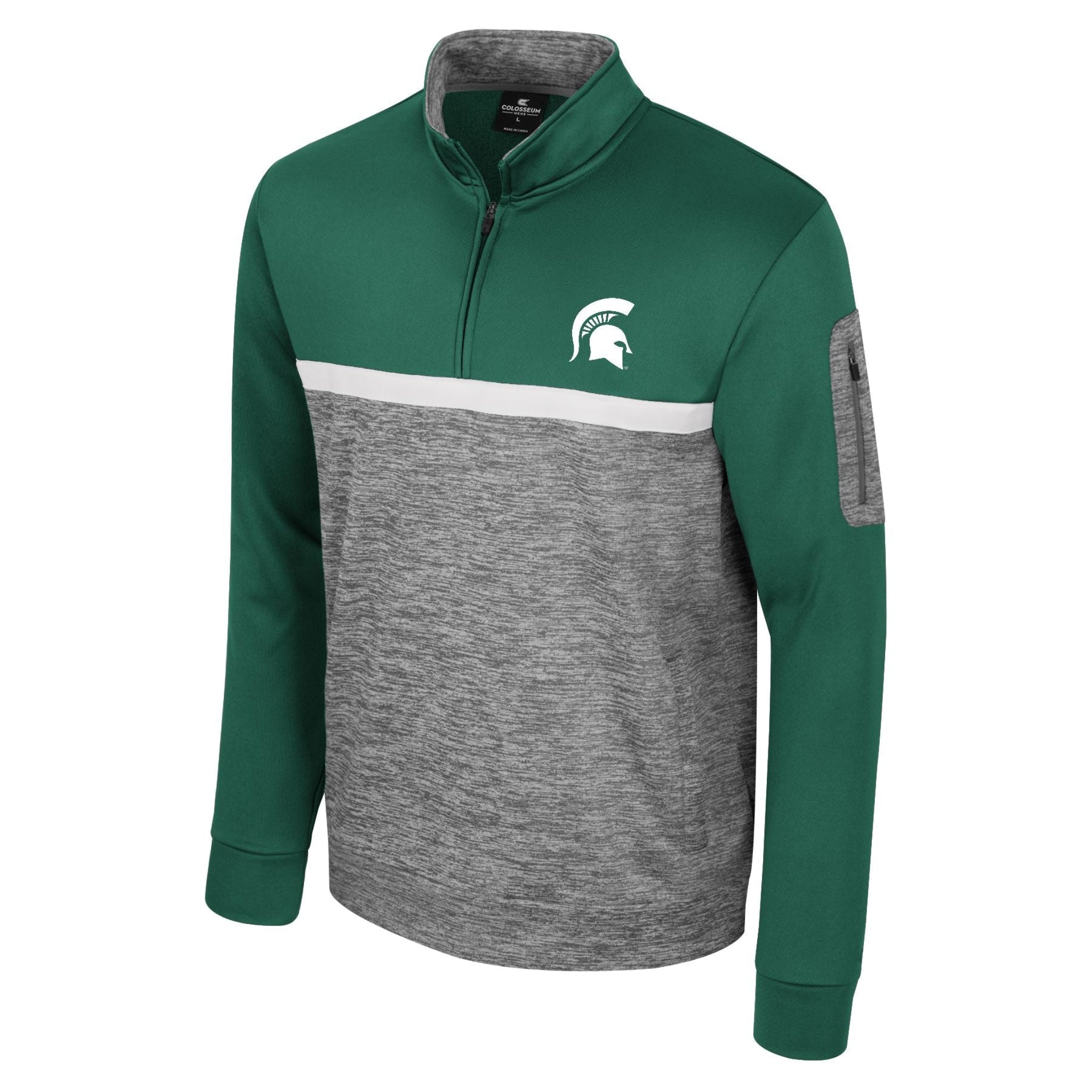 Long-sleeve, quarter-zip pullover with a green top section featuring a white Spartan helmet logo on the left chest, a white horizontal stripe below, and a heather gray lower section with a zippered pocket on the left sleeve.